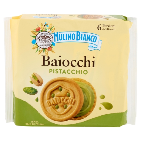 Mulino Bianco Baiocchi Biscotti Snack Farciti con Crema al Pistacchio 168g