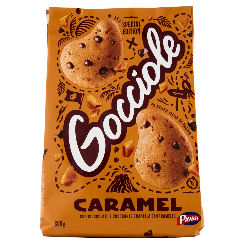 Pavesi Gocciole Caramel Biscotti con Gocce di Cioccolato e Granella di Caramello 300g