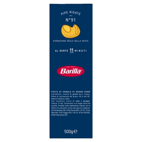 Barilla Pasta Pipe Rigate n.91 100% Grano Italiano 500g