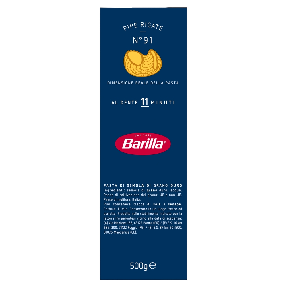 Barilla Pasta Pipe Rigate n.91 100% Grano Italiano 500g