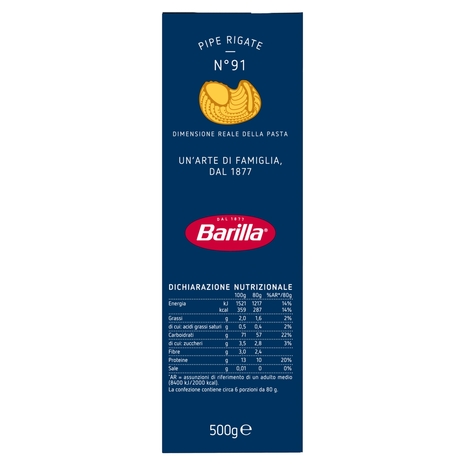 Barilla Pasta Pipe Rigate n.91 100% Grano Italiano 500g
