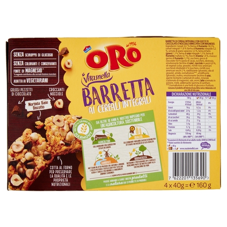Oro Saiwa Vitasnella Barrette ai cereali integrali con cioccolato fondente e nocciole - 4 x 40 g