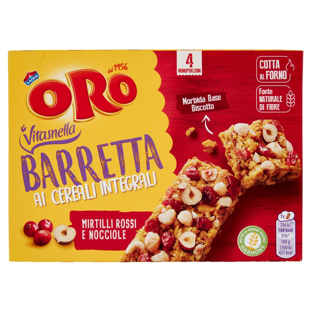 Oro Saiwa Vitasnella Barrette ai cereali integrali Mirtilli Rossi e Nocciole - 4 x 40 g