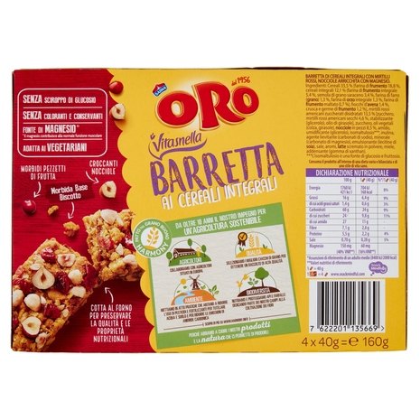 Oro Saiwa Vitasnella Barrette ai cereali integrali Mirtilli Rossi e Nocciole - 4 x 40 g