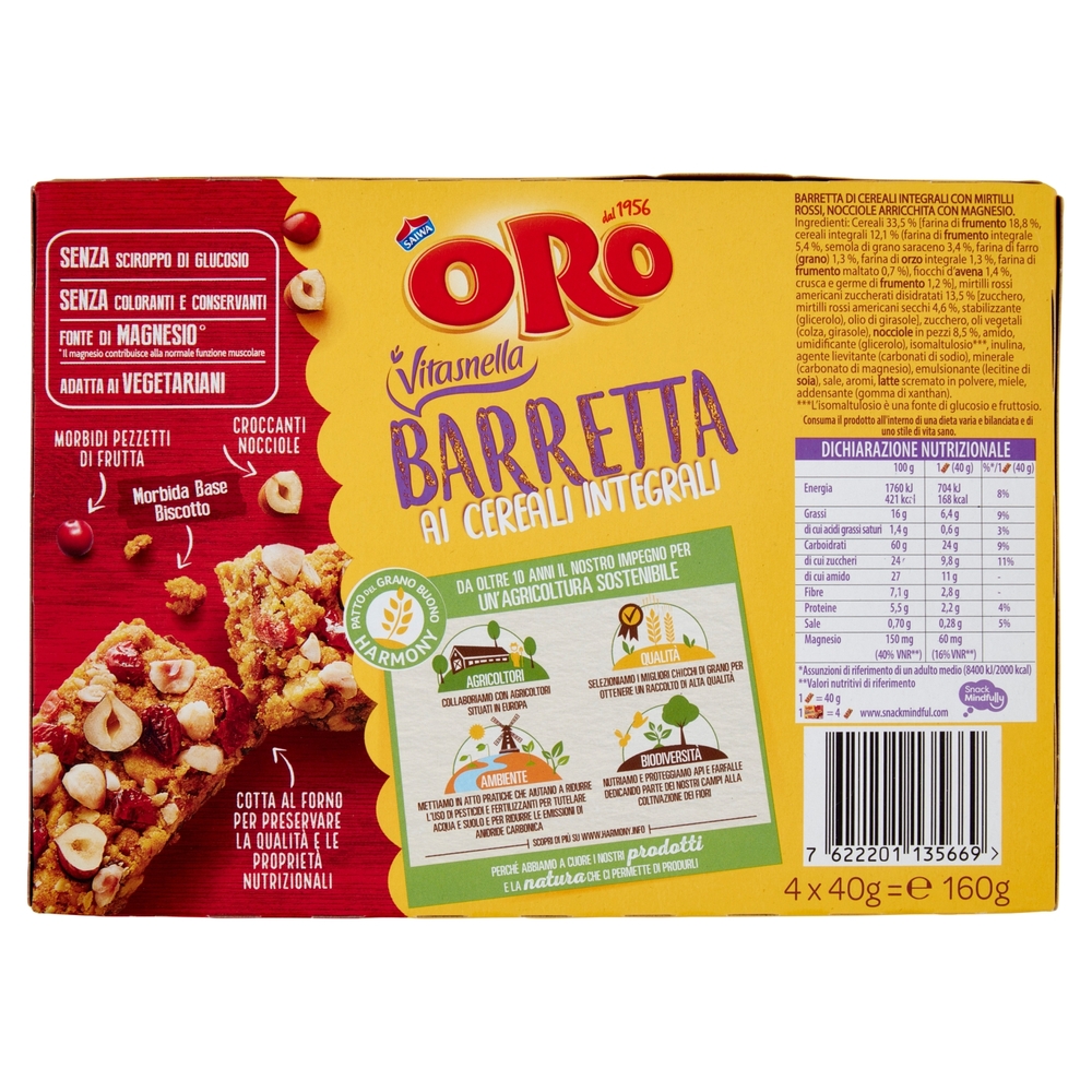 Oro Saiwa Vitasnella Barrette ai cereali integrali Mirtilli Rossi e Nocciole - 4 x 40 g