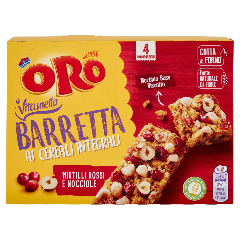 Oro Saiwa Vitasnella Barrette ai cereali integrali Mirtilli Rossi e Nocciole - 4 x 40 g