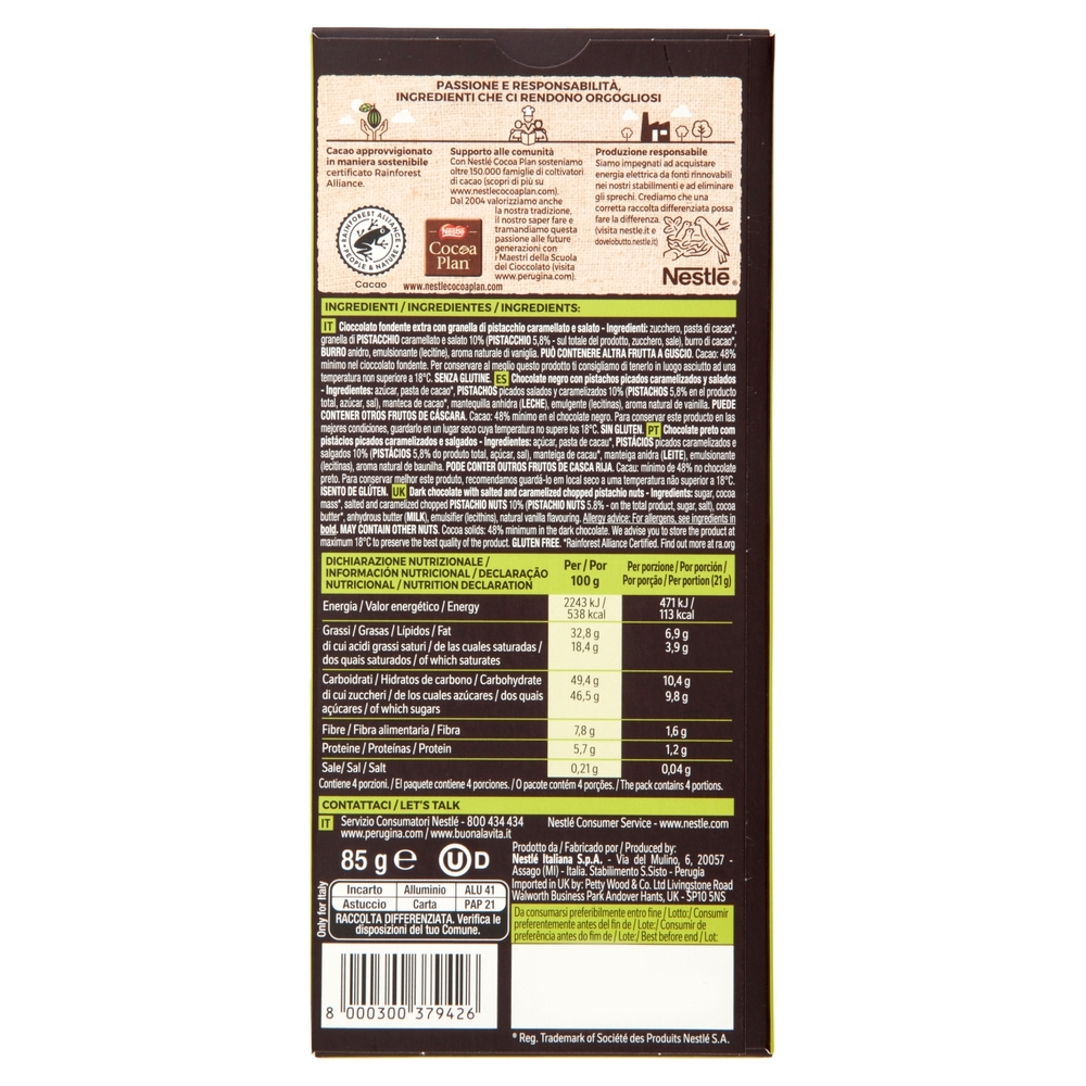 PERUGINA Nero Fondente Extra Pistacchio Tavoletta Cioccolato Fondente 85g