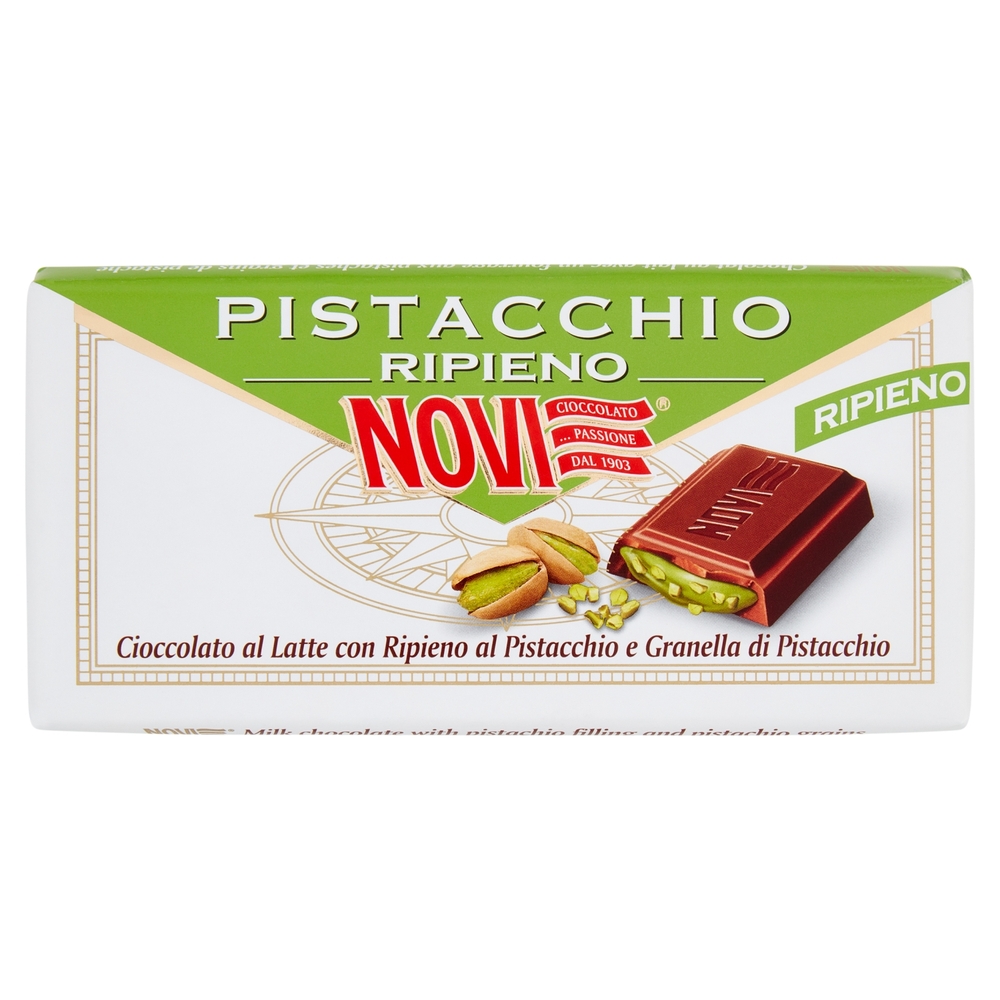 Novi Pistacchio Ripieno Cioccolato al Latte con Ripieno al Pistacchio e Granella di Pistacchio 105 g