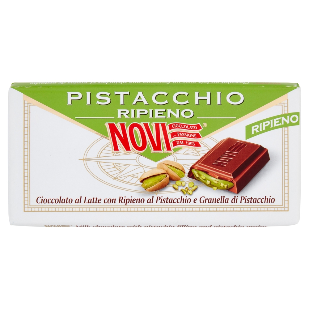 Novi Pistacchio Ripieno Cioccolato al Latte con Ripieno al Pistacchio e Granella di Pistacchio 105 g