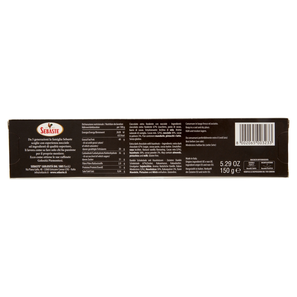 Sebaste Cioccolato Extra Fondente con Nocciole 150 g