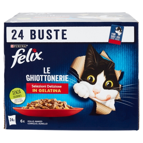 FELIX Le Ghiottonerie Selezioni Deliziose in Gelatina (Pollo, Manzo, Coniglio, Agnello) 24 x 85 g