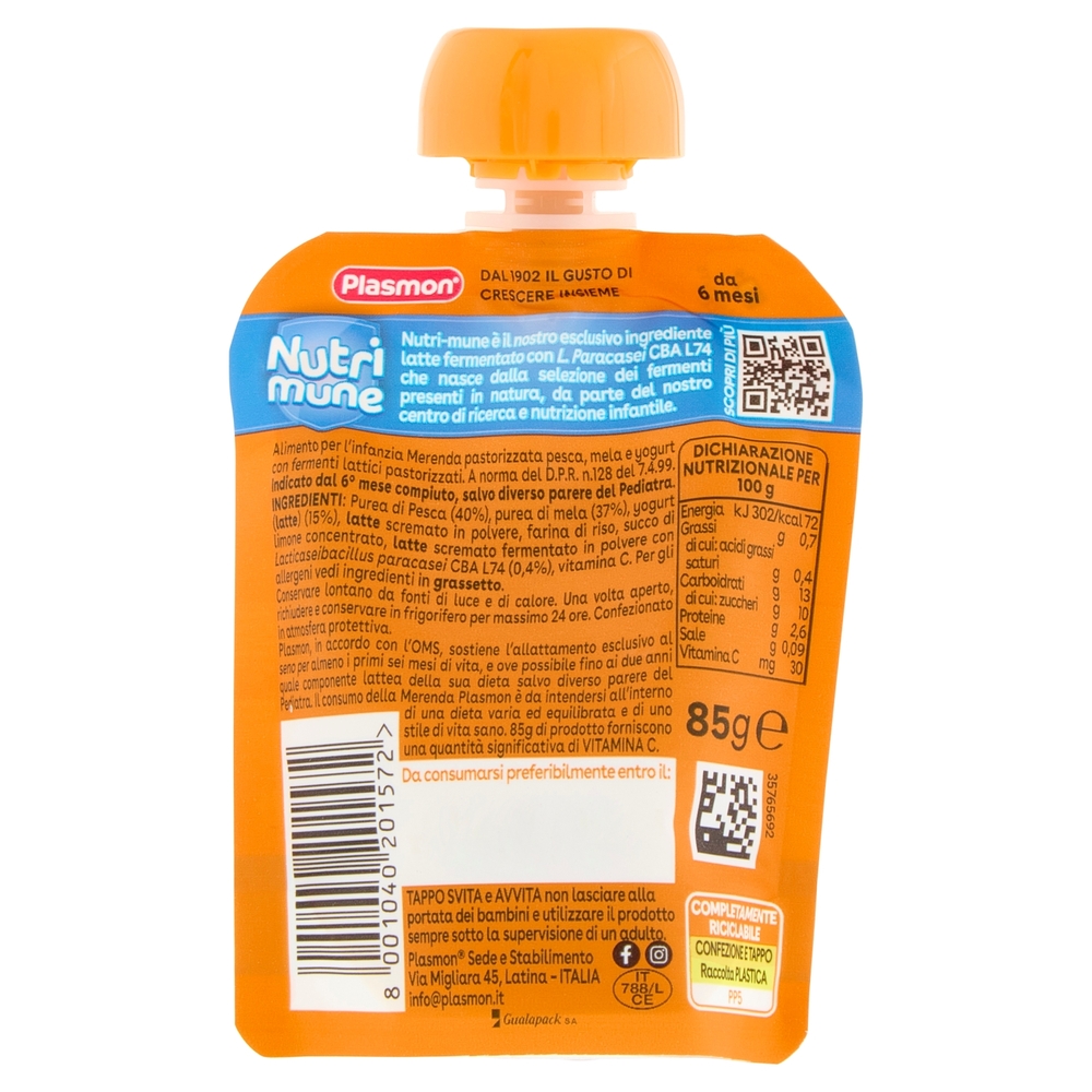 Plasmon il Frullato Nutri mune Pesca e Yogurt con Mela 85 g