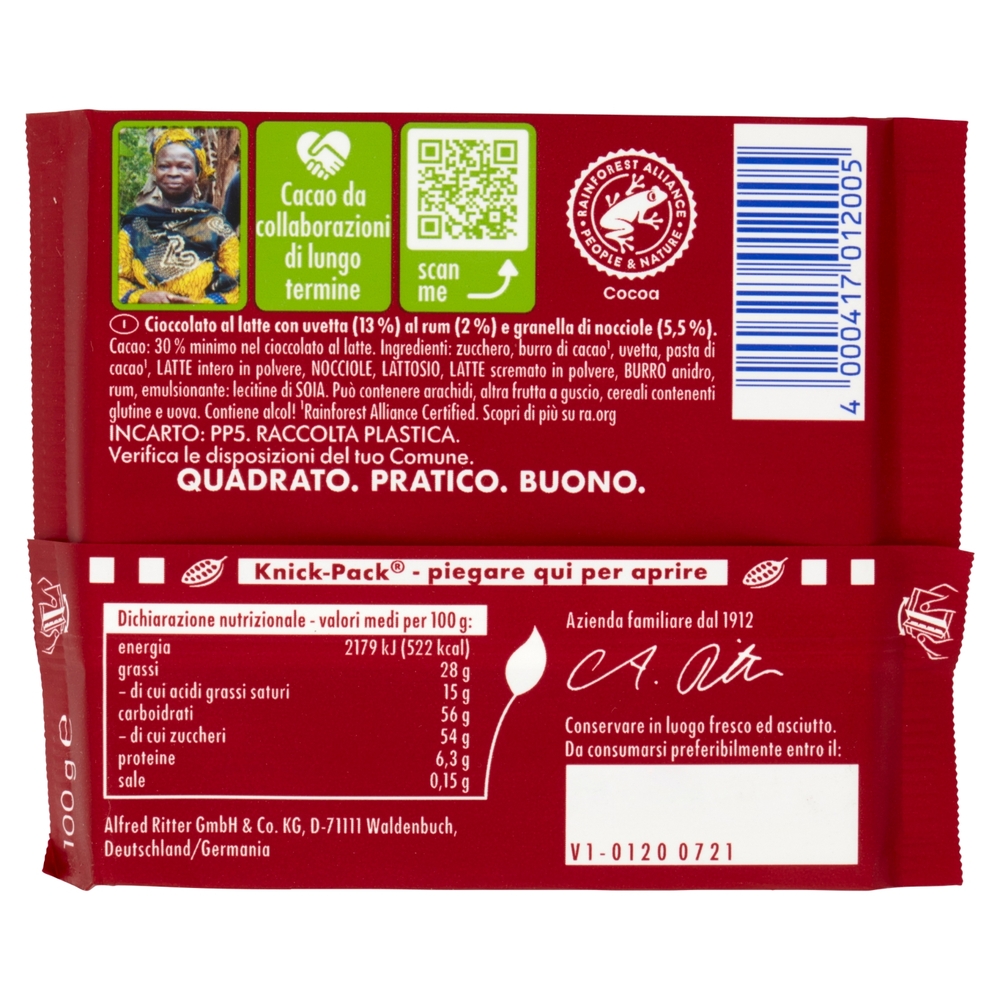 Ritter Sport Rum Uvetta e Nocciole 100 g