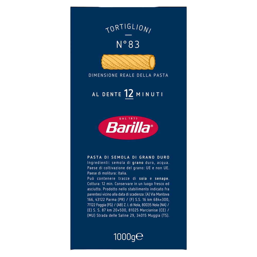 Barilla Pasta Tortiglioni n.83 100% Grano Italiano 1Kg