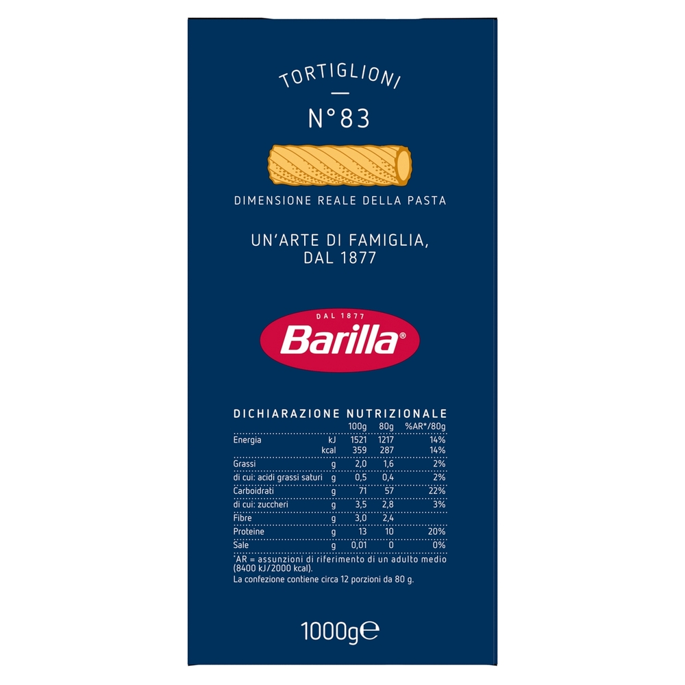Barilla Pasta Tortiglioni n.83 100% Grano Italiano 1Kg