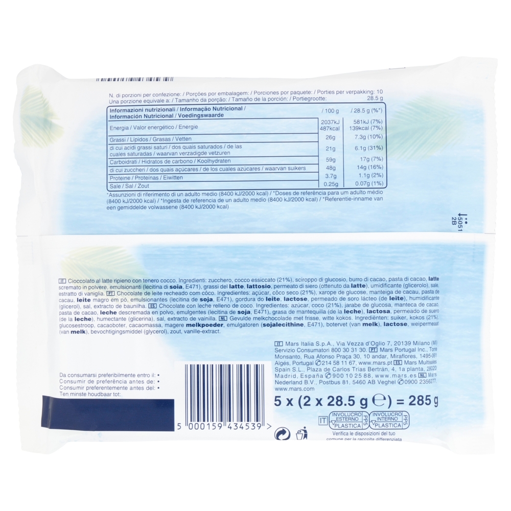Bounty Snack al cioccolato con ripieno di cocco 5 x (2 x 28,5 g)