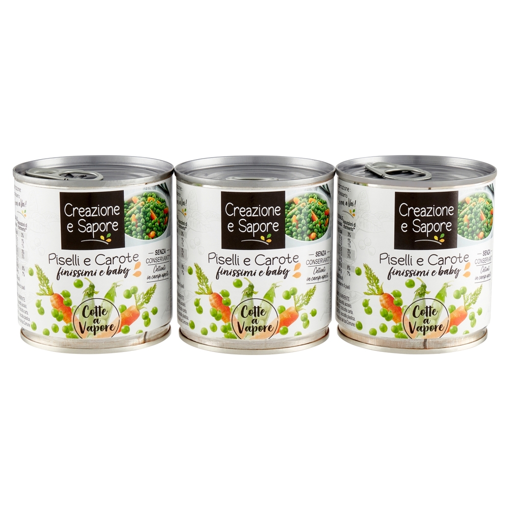 Creazione e Sapore Piselli e Carote finissimi e baby Cotte a Vapore 3 x 150 g
