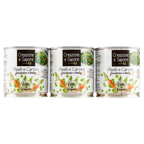 Creazione e Sapore Piselli e Carote finissimi e baby Cotte a Vapore 3 x 150 g