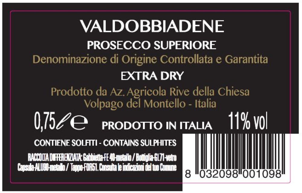 Prosecco Extra Dry Valdobbiadene DOCG Rive della Chiesa, 75 cl