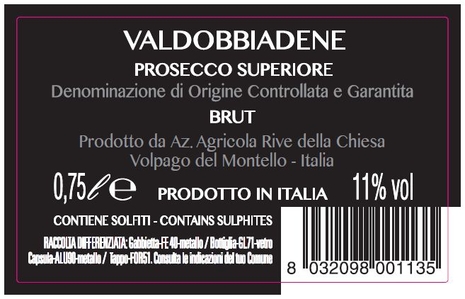 Prosecco Brut Valdobbiadene DOCG Rive della Chiesa, 75 cl