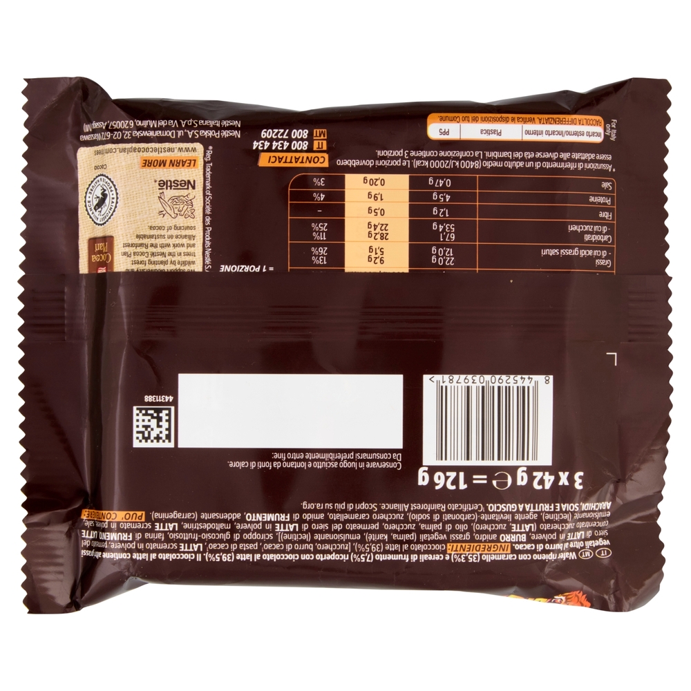 NESTLÉ LION Wafer con Caramello e Cereali ricoperto di Cioccolato al Latte da 3 snack da 42g