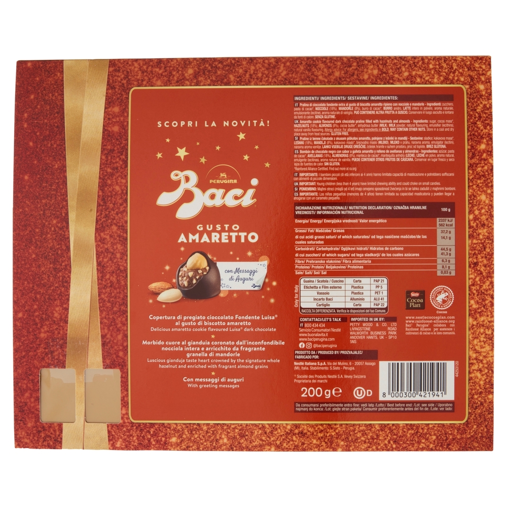 BACI PERUGINA gusto amaretto Cioccolatini Fondenti al gusto di biscotto amaretto, scatola regalo 200