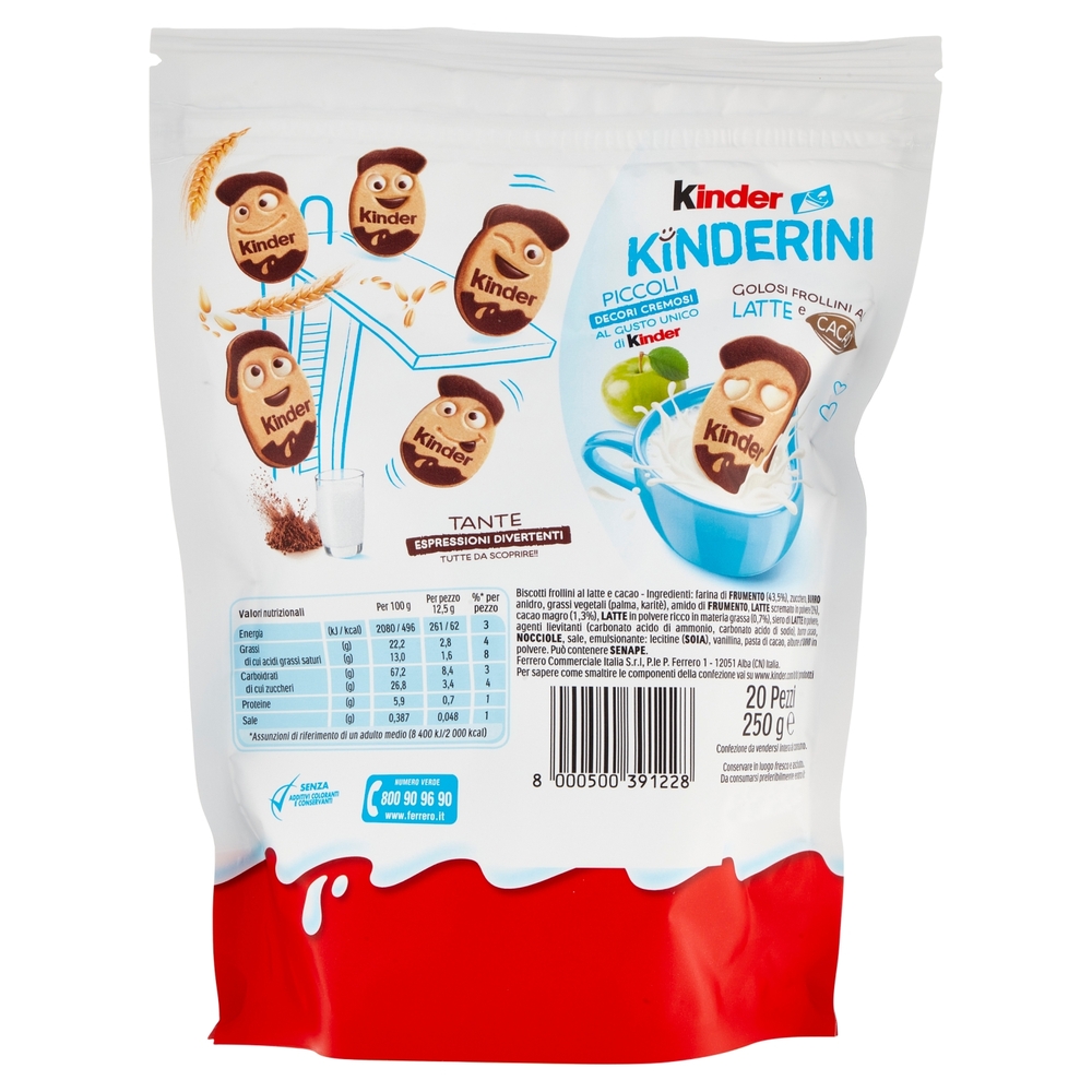 Kinder Kinderini, Biscotti Frollini al Latte e Cacao con Cremosi Decori  Gusto Kinder, Ottimi a Colazione, Confezione da 250 gr : :  Alimentari e cura della casa