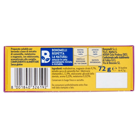 Bonomelli Estratto di Camomilla Solubile con Melatonina e con Magnesio Senza Zuccheri 16 x 4,5 g
