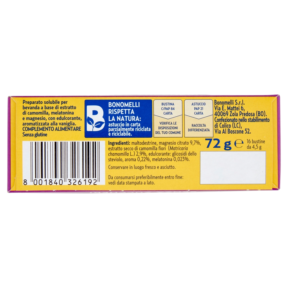 Bonomelli Estratto di Camomilla Solubile con Melatonina e con Magnesio Senza Zuccheri 16 x 4,5 g