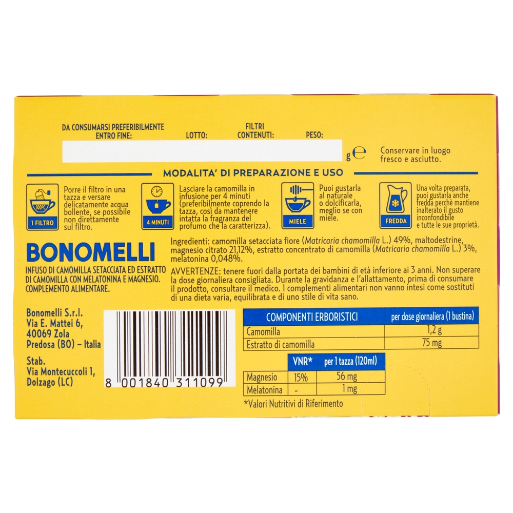 Bonomelli Camomilla in Filtri con Melatonina e con Magnesio Setacciata in Filtri 14 filtri 35 g