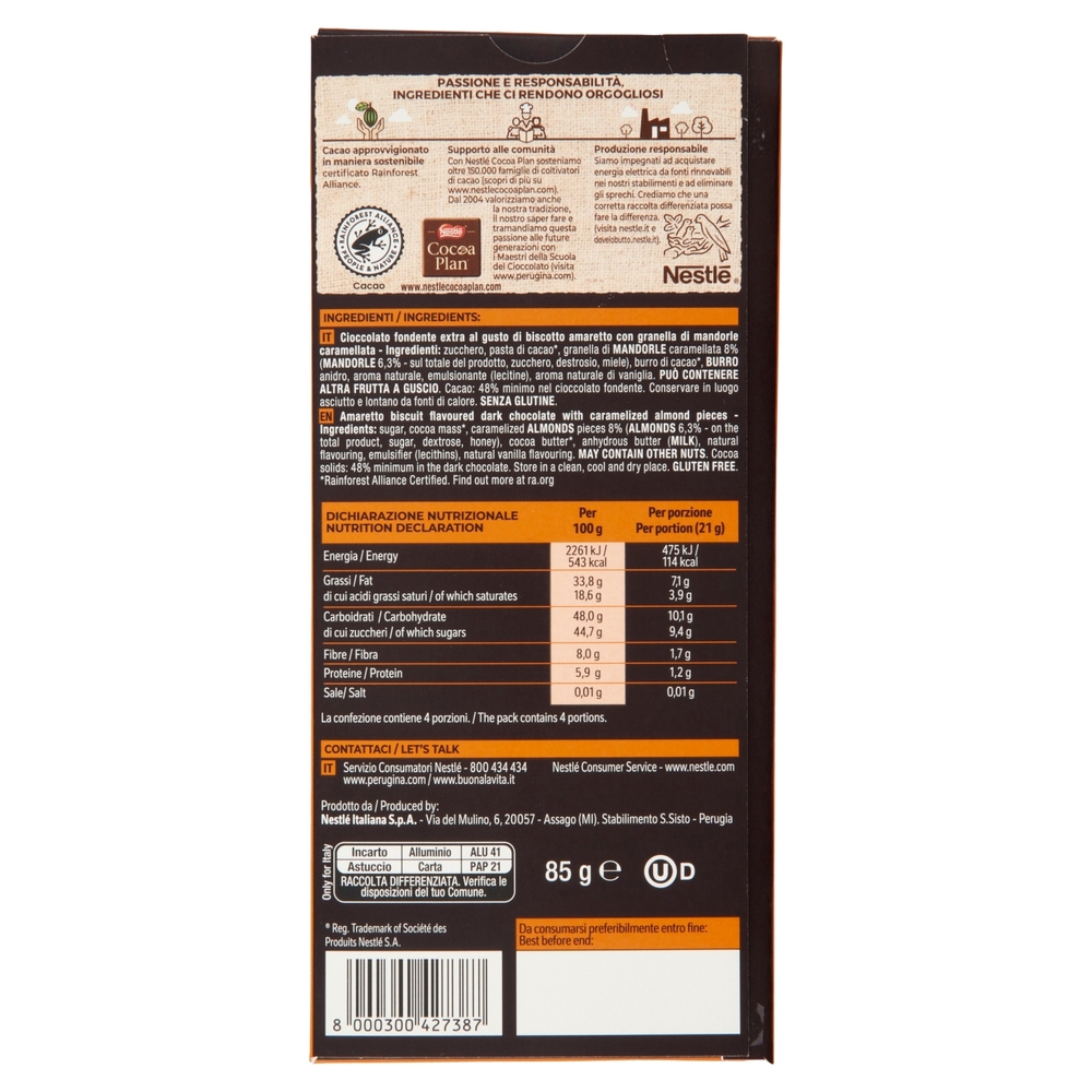 PERUGINA NERO Amaretto Limited Edition Tavoletta Cioccolato Fondente Extra 85g