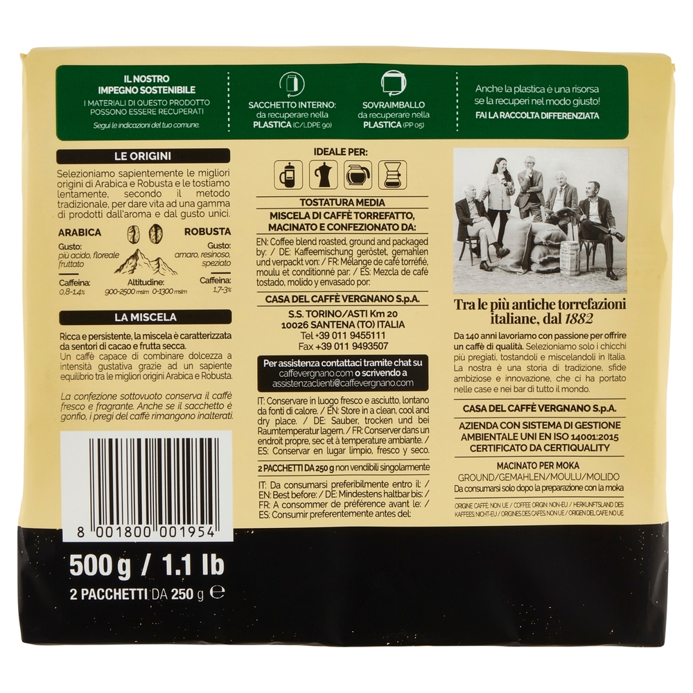 Caffè Vergnano 1882 Granaroma Miscela Classica Macinatura Moka 2 x 250 g