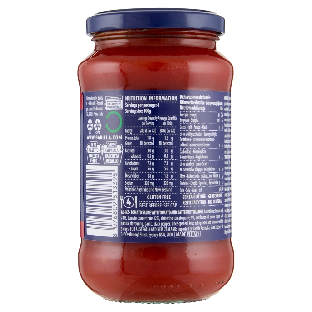 Barilla Sugo Pomodoro e Datterini 100% Pomodori italiani  Condimento per Pasta 400g