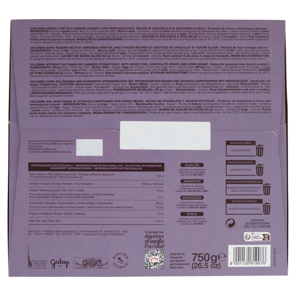 Galup la Colomba Fichi e Cioccolato Ricoperta di Zucchero a Velo 750 g
