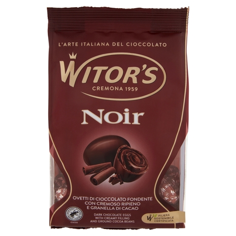 Witor's Noir Ovetti di Cioccolato Fondente con Cremoso Ripieno e Granella di Cacao 150 g