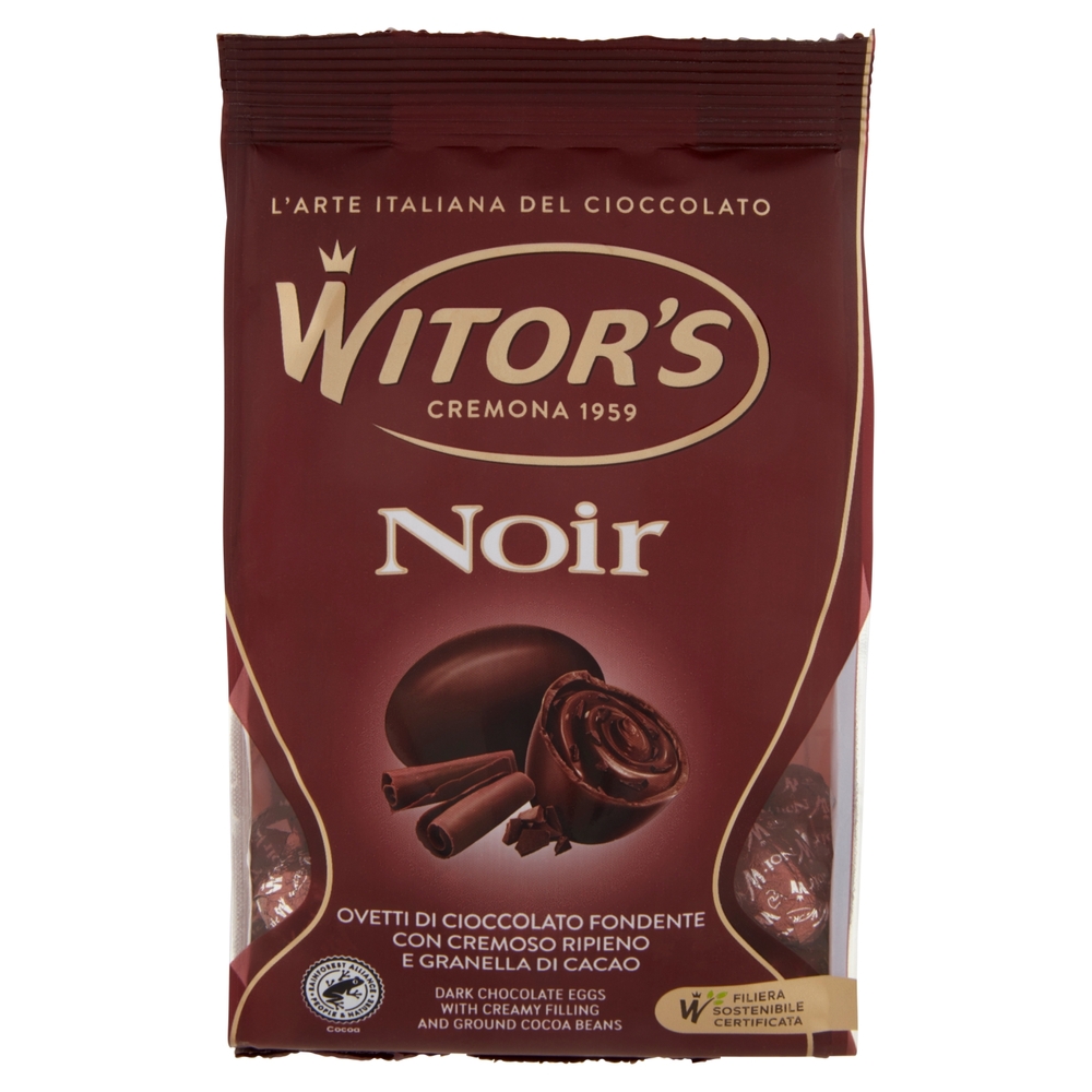 Witor's Noir Ovetti di Cioccolato Fondente con Cremoso Ripieno e Granella di Cacao 150 g