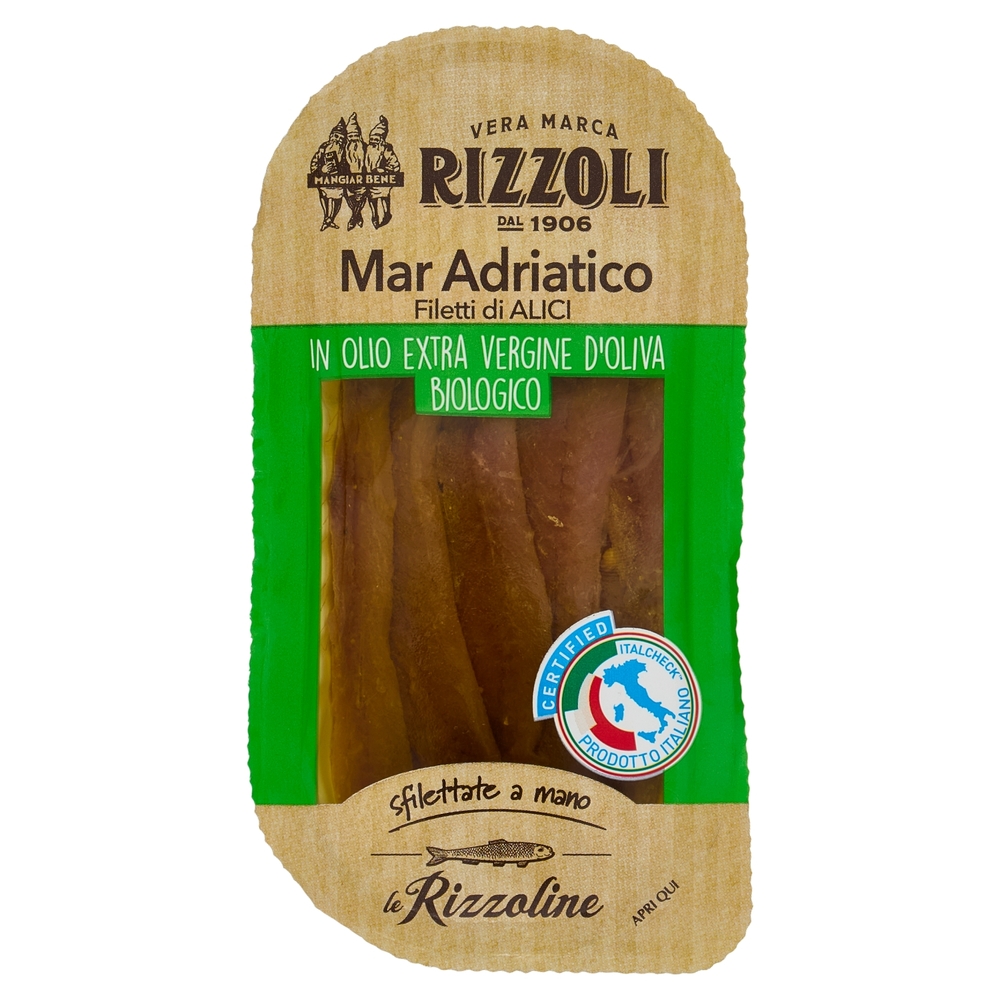 Rizzoli le Rizzoline Mar Adriatico Filetti di Alici in Olio Extra Vergine d'Oliva Biologico 40 g