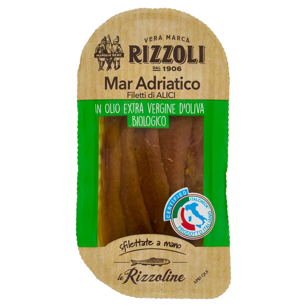 Rizzoli le Rizzoline Mar Adriatico Filetti di Alici in Olio Extra Vergine d'Oliva Biologico 40 g