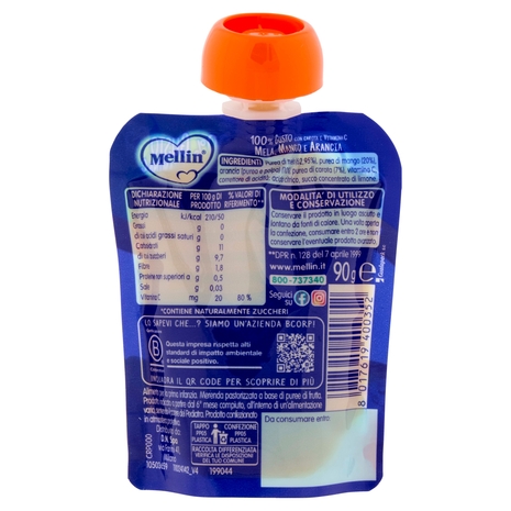 MELLIN Merenda di Frutta 100% Arancia e Mango Pouch 90 g