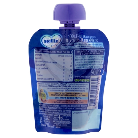 MELLIN Merenda di Frutta 100% Mirtillo e Ribes Nero Pouch 90 g