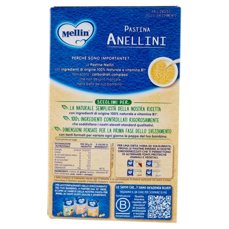 MELLIN Pastina 100% Naturale Anellini con farina Grano Tenero 320 g